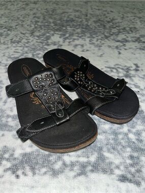 Aetrex Women's Black Strappy Sandals Size 6.5 Leather Upper Adjustable Buckle